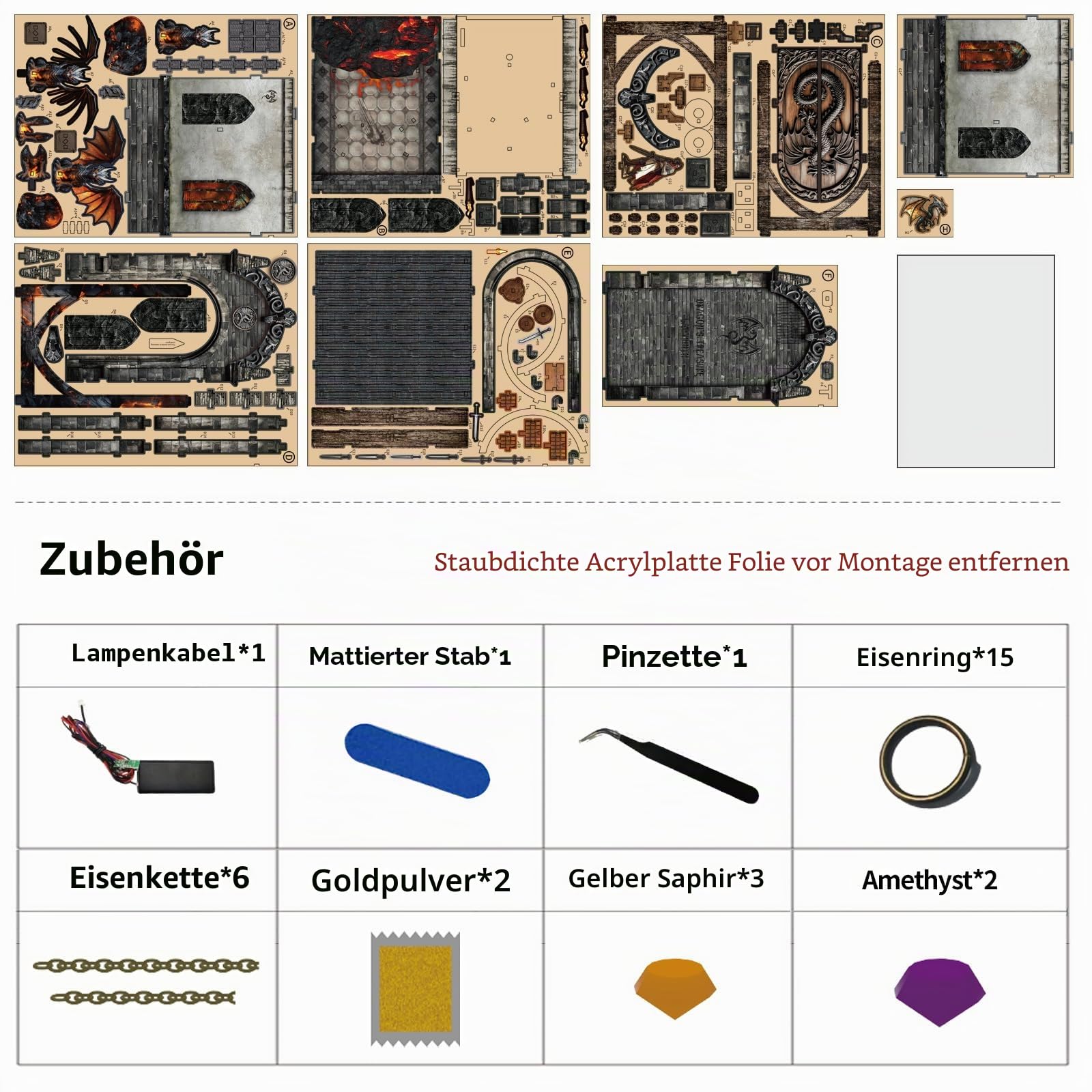 Book Nook Kit–Drachenschatz Labyrinth Modell, 3D Holzpuzzle zum Selberbauen mit LED-Beleuchtung, Bastelset für Bücherregal-Dekoration für Erwachsene und Jugendliche