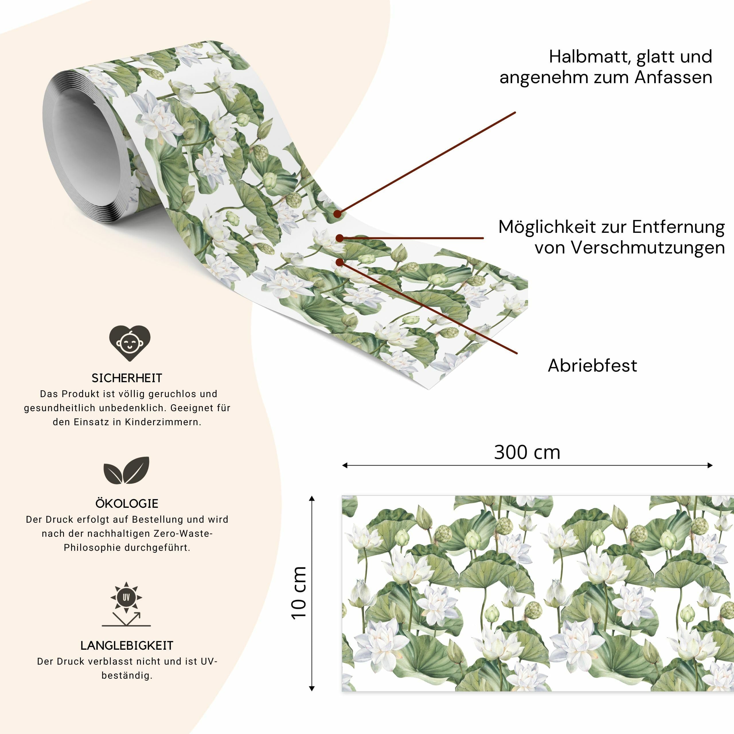 Muralo - Selbstklebende Bordüre - Tapetenbordüre Wandbördure - Dekorative Wandtatto für Wände, Möbel, Decken, Tapeten, Wandverkleidungen, Türen - Weiße Blumen und Lotusblätter - Br.10cm x Hö.300cm