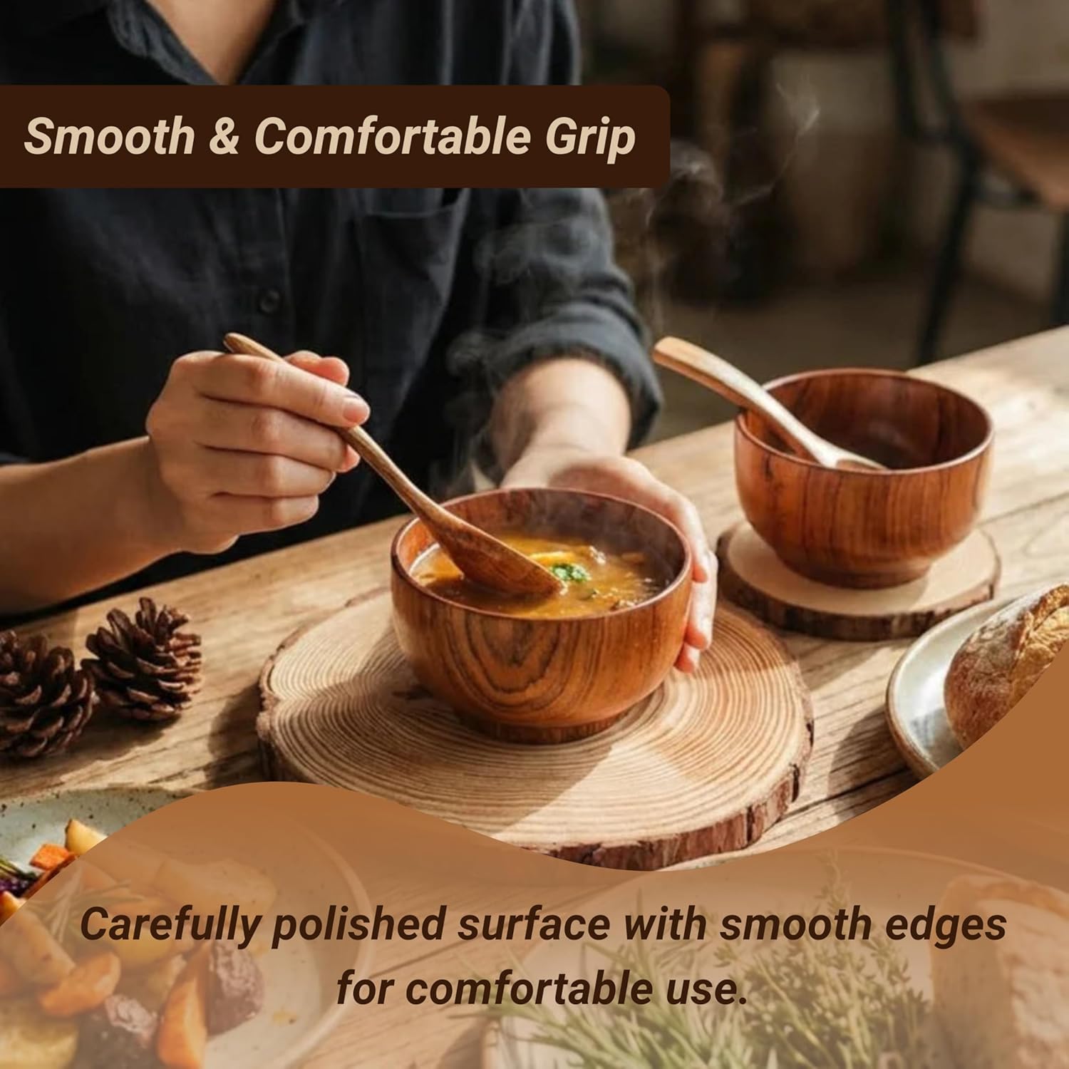 Wooden Bowl and Spoon Set of 4 - Japanese Style Natural Wood Soup Rice Salad Bowls with Spoons, Eco-Friendly Handcrafted Tableware, Housewarming Kitchen Gift