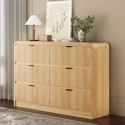 54" Wide Modern Fluted 6-Drawer Dresser, Curved Wood Bedroom Dresser with Metal Handles & Anti-Tip Kit, Storage Chest for Bedroom, Living Room, Hallway (Natural Oak)