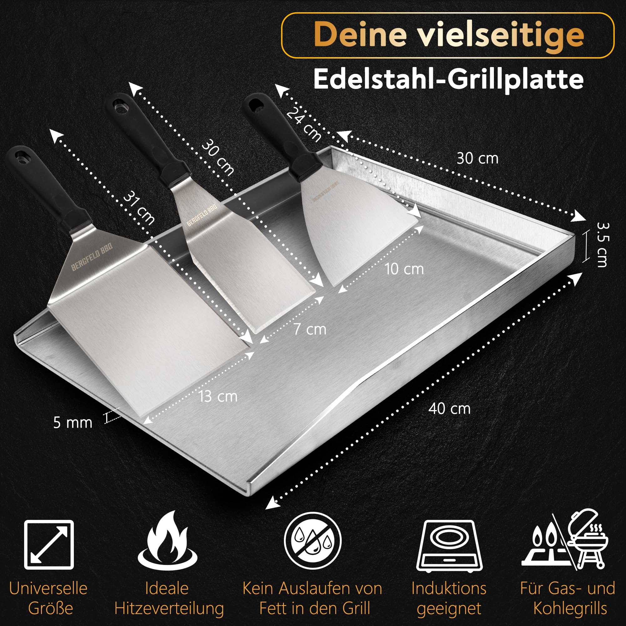 Bergfeld BBQ Grillplatte - Premium Plancha Set [30x40 cm] - 5mm massiver Edelstahl - 25% dicker als die meisten Planchas - inkl. 3er Grillspachtel-Set - auslaufsichere Ecken