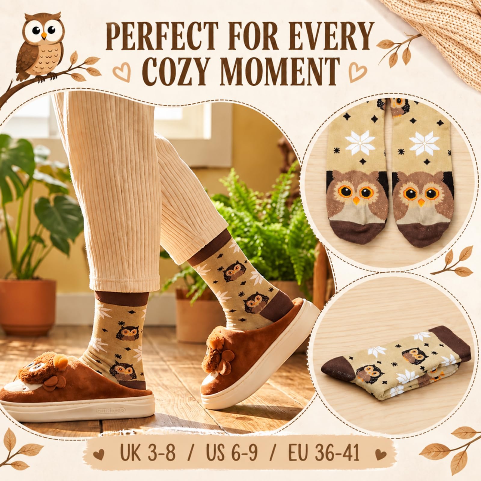 BBTO Set de Chaussons Chaussettes Hibou Idée Cadeau Femme Noël Soirée Pyjama Hiver Chaussons Chauds Antidérapants Doux Confortables pour Intérieur Extérieur(38-39)