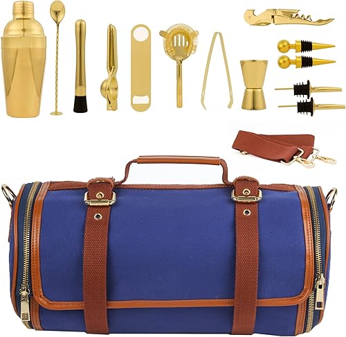 Bolsa de viaje para barman – Bolsa de cóctel y juego de herramientas con correa de hombro de cuero vegano, estuche de almacenamiento de accesorios