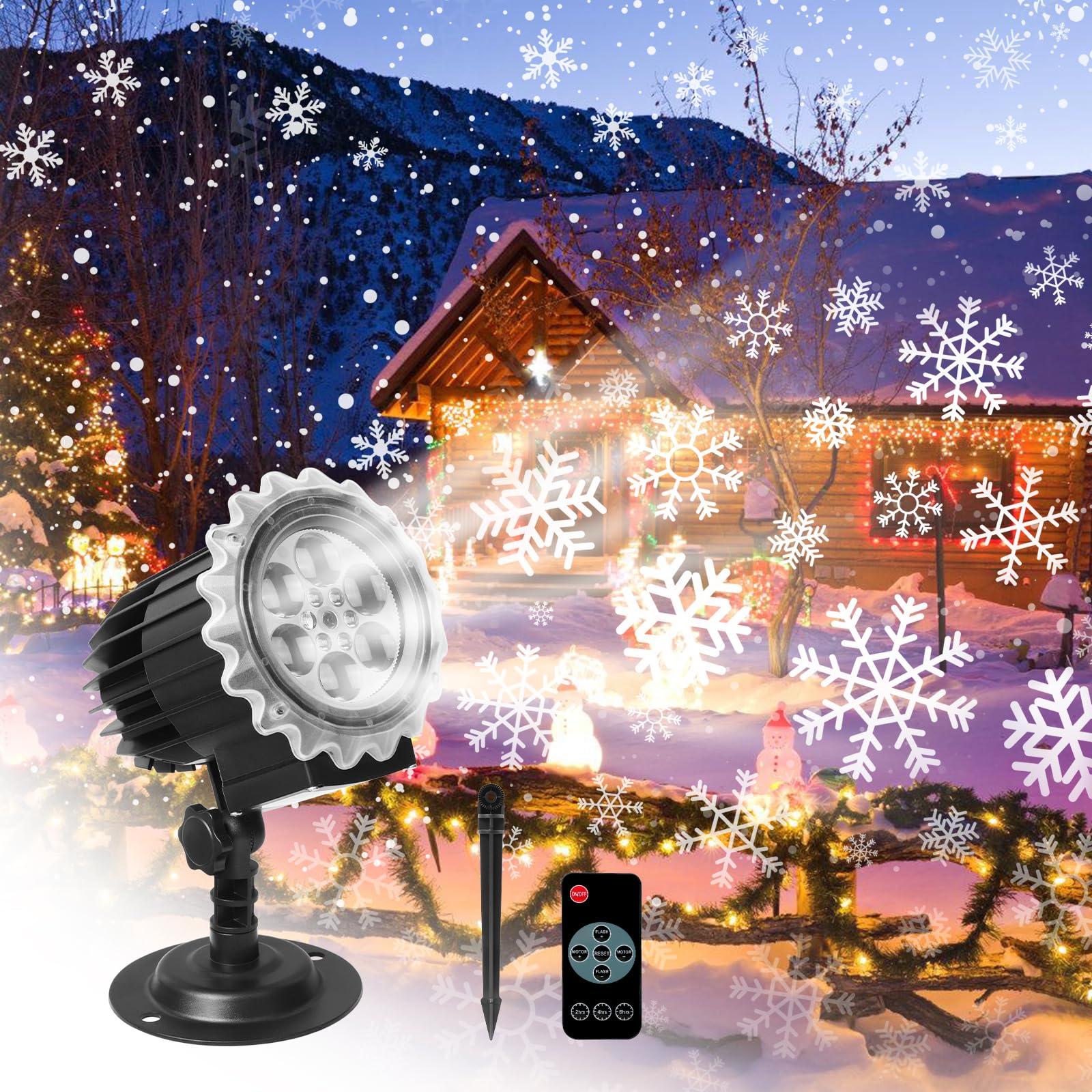 Christmas Snowflake Projector Lights - Decorative LED Lights with Moving Rotating Snowstorm, Remote Control Timer, Indoor/Outdoor Waterproof for Halloween & Christmas Parties