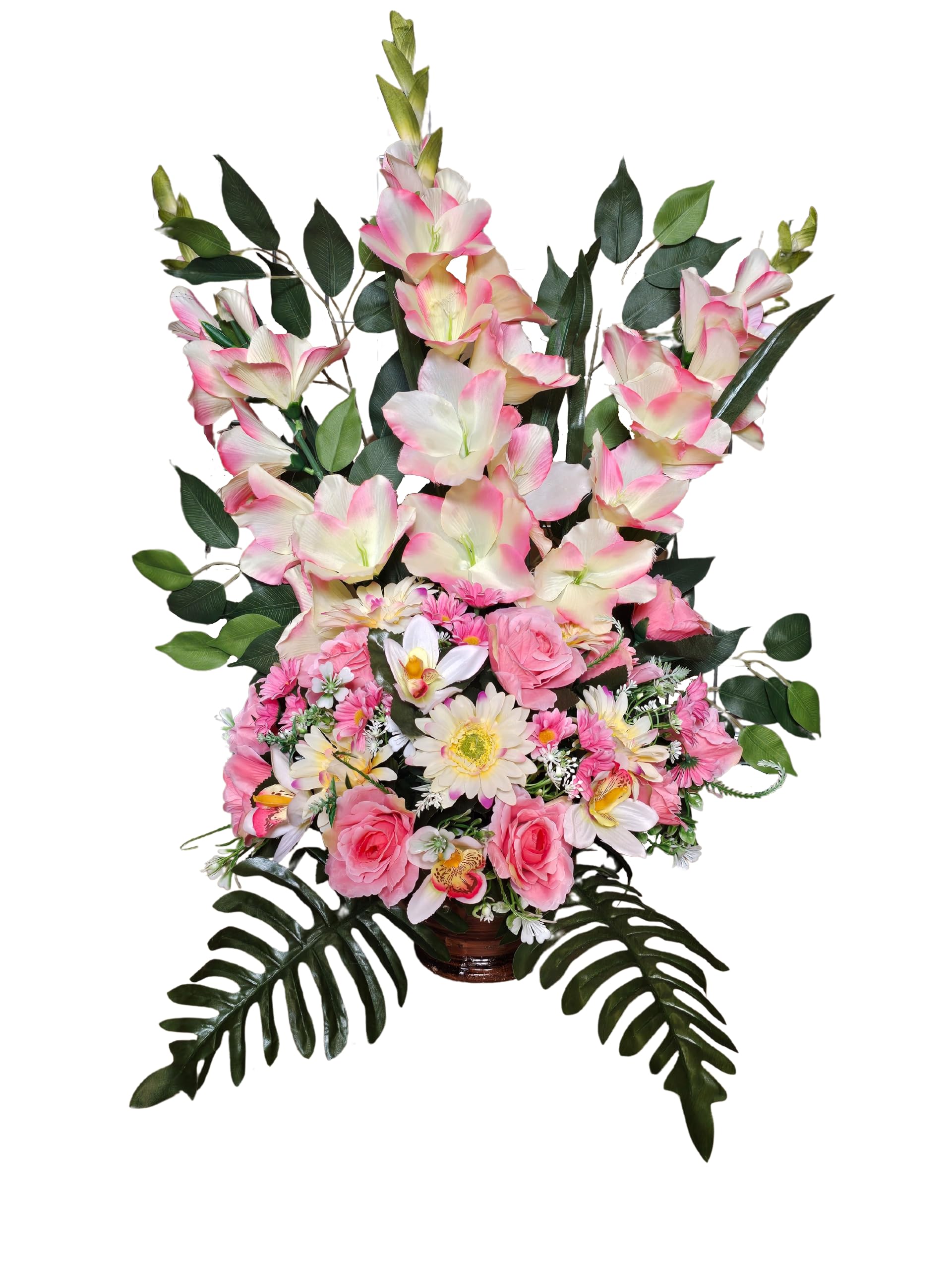 DRW Centro de Flores Artificiales Cementerio, Iglesia Bodas sepulturas Rosa Fucsia con gladiolos Rosas y orquideas 63x46x73 cm