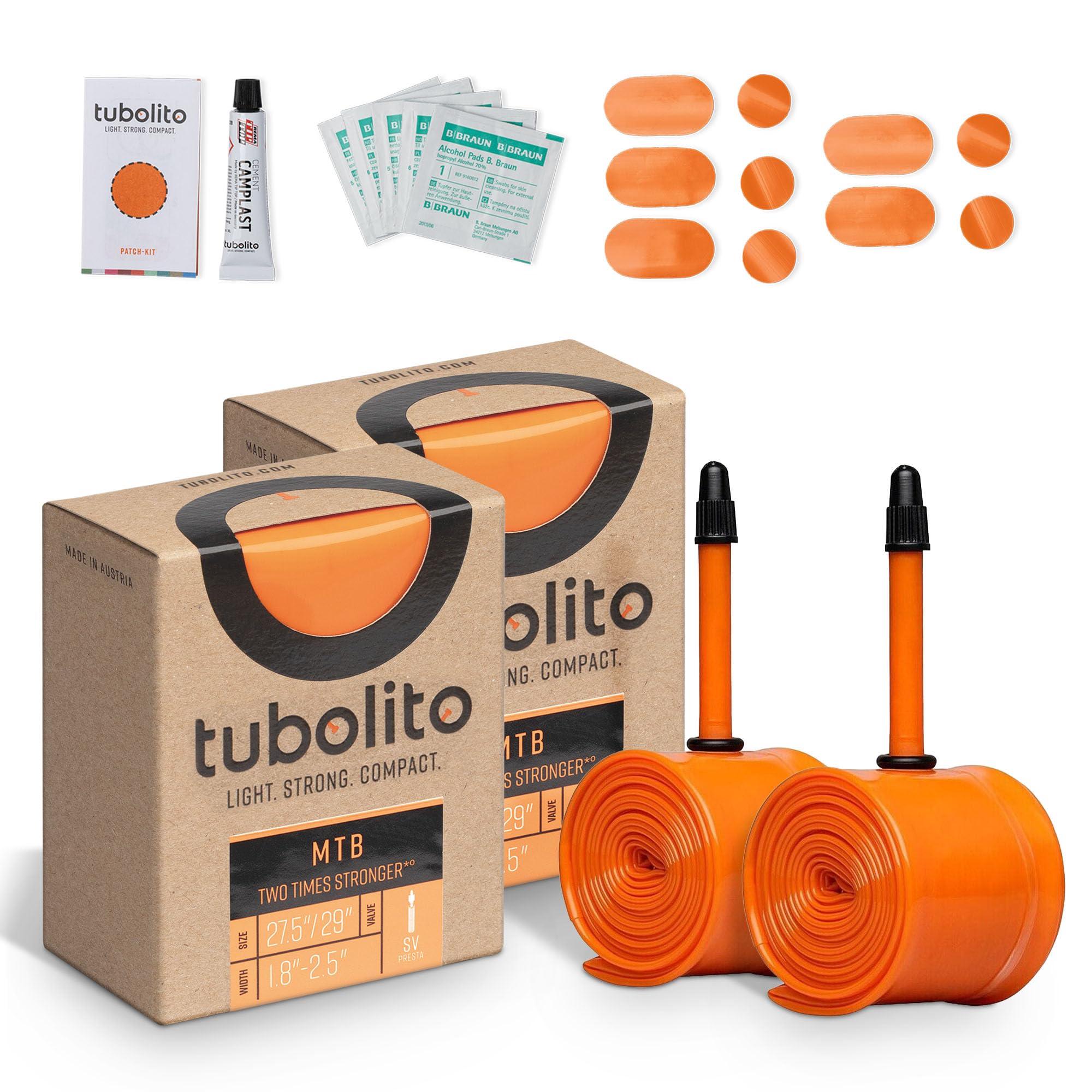 Tubolito Tubo-MTB 27.5" and 27.5"/29" x 1.8-2.5 Inch, 42mm Presta Valve Tube | Light, Strong & Compact | 2X Puncture Protection | Standard & Plus Size Tires (27.5" / 29" x 1.8-2.5 Inch (Pack of 2))