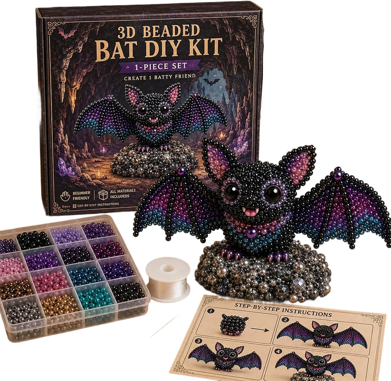 3D Beaded Craft Kit, Handmade Creative Jewelry Art Craft Kit for Kids,Teens & Adults, DIY Handmade Bead Art Set with Full Materials & Instructions (2-Bat)