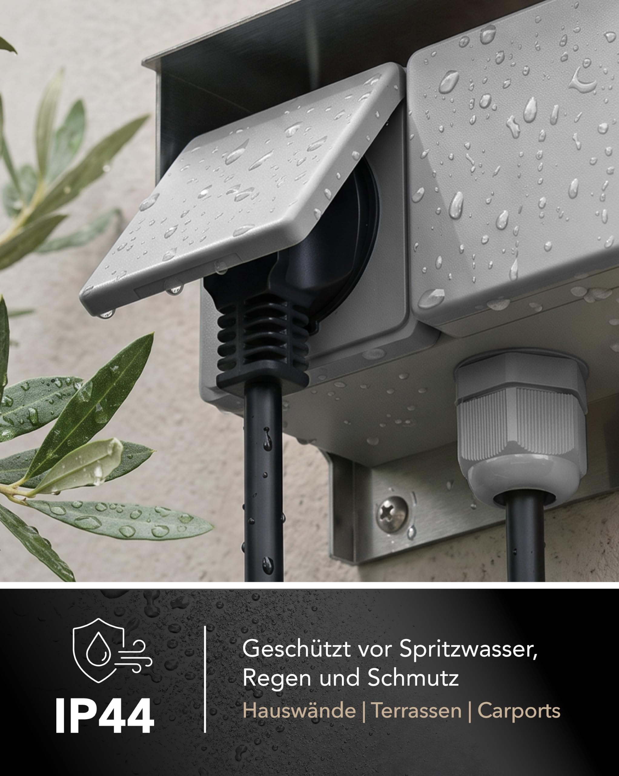 ledscom.de 2x Aufputz Steckdose PIWI für außen und 5m Kabel, IP44, 2-fach, edelstahl, waagerecht