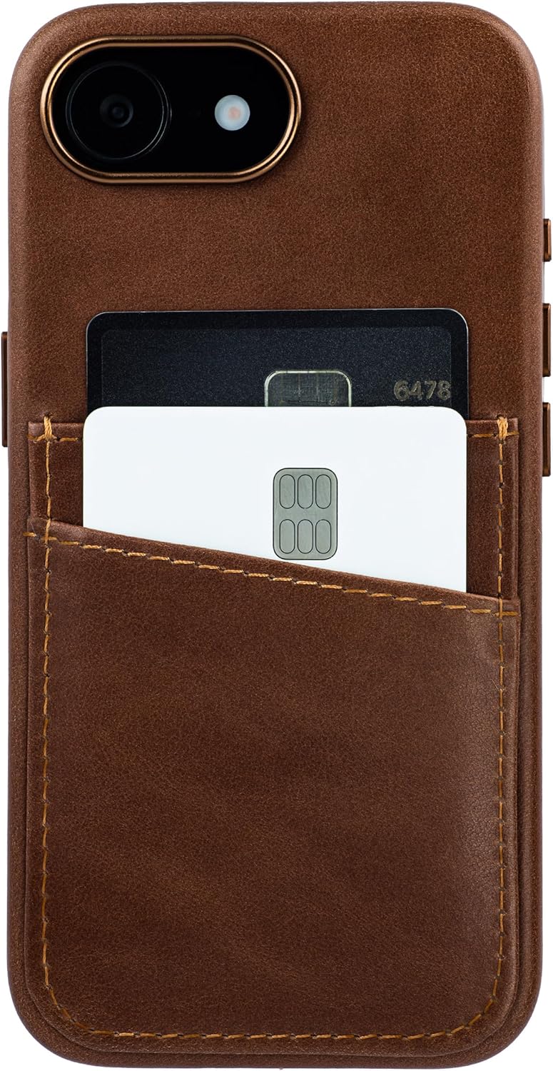 Dockem Genuine Leather Card Case for iPhone 17e, iPhone 16e, Stitched-on Wallet with 2 Holder Slots (Brown, M2GL)