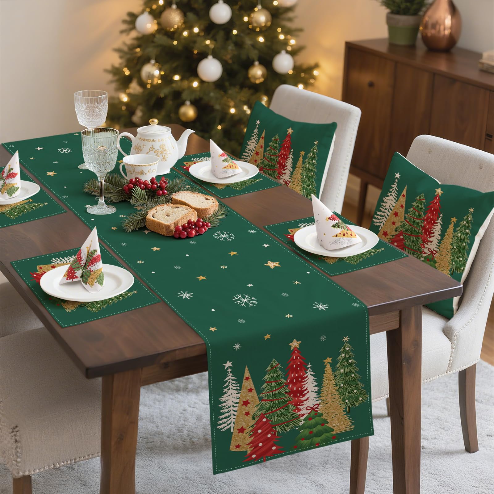 ZWJD Kerst Tafelrunner 40x240 Modern Groen met Kerstbomen en Sneeuwvlokken, Feestelijke Decoratie voor Wintertafel, Ideaal voor Feesten, Eetkamer en Woonkamer