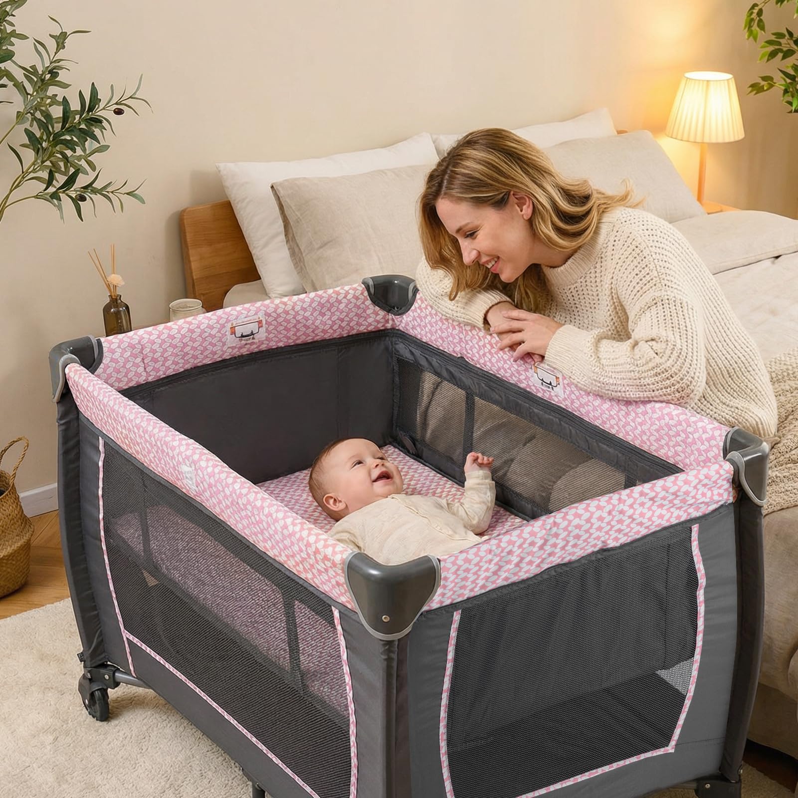 COSTWAY 5 en 1 Lit Parapluie Bébé avec Matelas & Table à Langer, Lit Bébé Evolutif avec Boîte à Musique & Jouets Suspendus, Sac de Transport & Roues Verrouillables, Berceau pour 0-36 Mois (Rose)