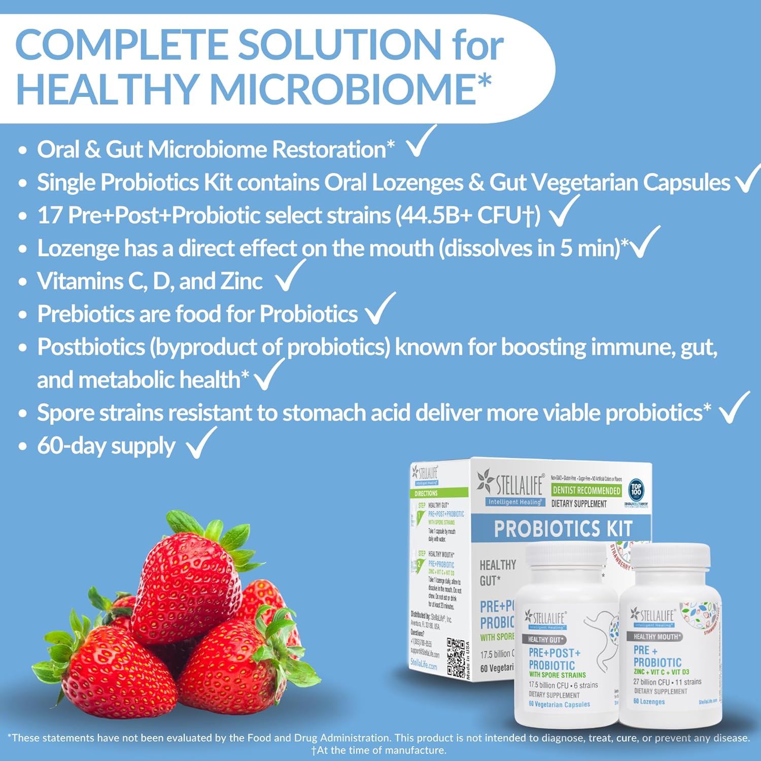 StellaLife Probiotics Oral & Gut Prebiotics Post Probiotics Kit: 44.5B CFU, 11 Oral & 6 Gut Spore strains for Digestive & Dental Health, Bad Breath Treatment, Tongue Hygiene, Strawberry Flavor, 60-day