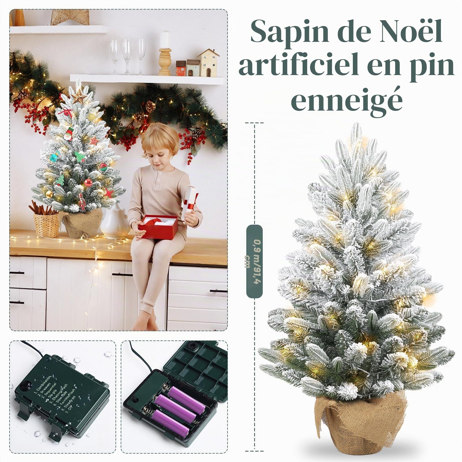 Gfilay Sapin de Noël Artificiel 90 cm Pré-éclairé avec 60 LED et 8 Modes d'Éclairage