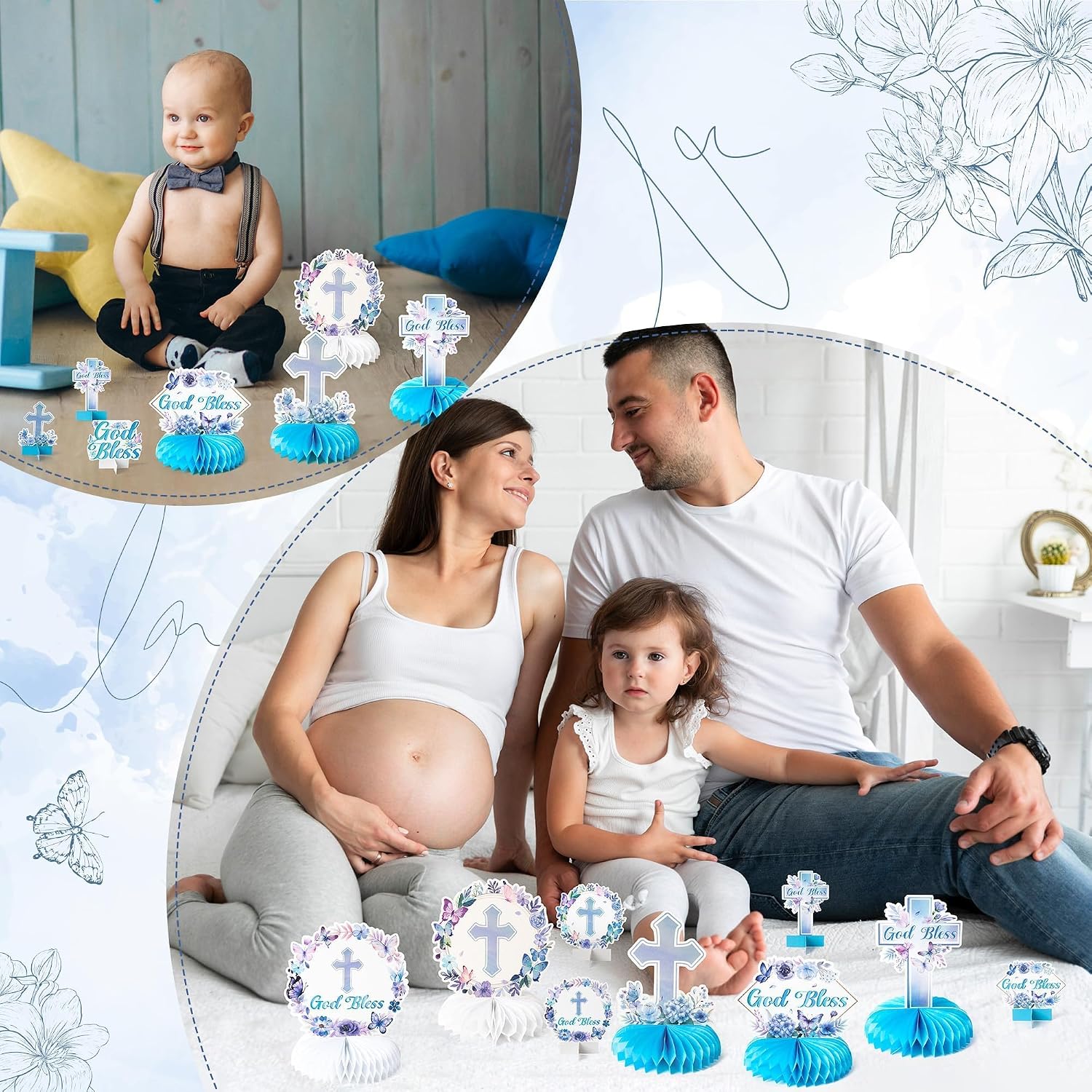 ANGOLIO 12Pcs Baptism Honeycomb Centerpieces Birthday Party Decor, Summer Blue Purple God Bless Cross Religious Baptism Table Centerpieces for Baby Shower First Communion Gender Neutral Decorations