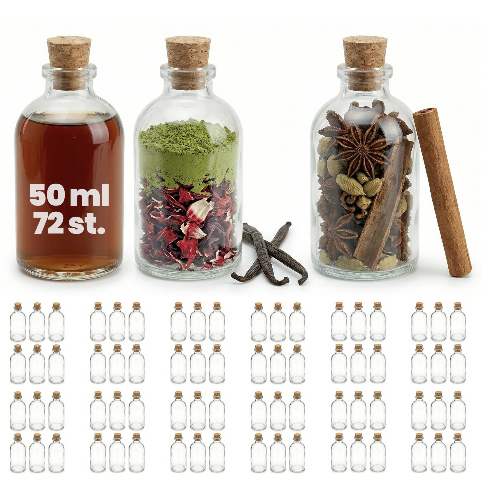 Mini Botellas de Cristal Con Corcho, 50 ml, 72 Unidades, Transparentes Para Rellenar y Licor (TR)