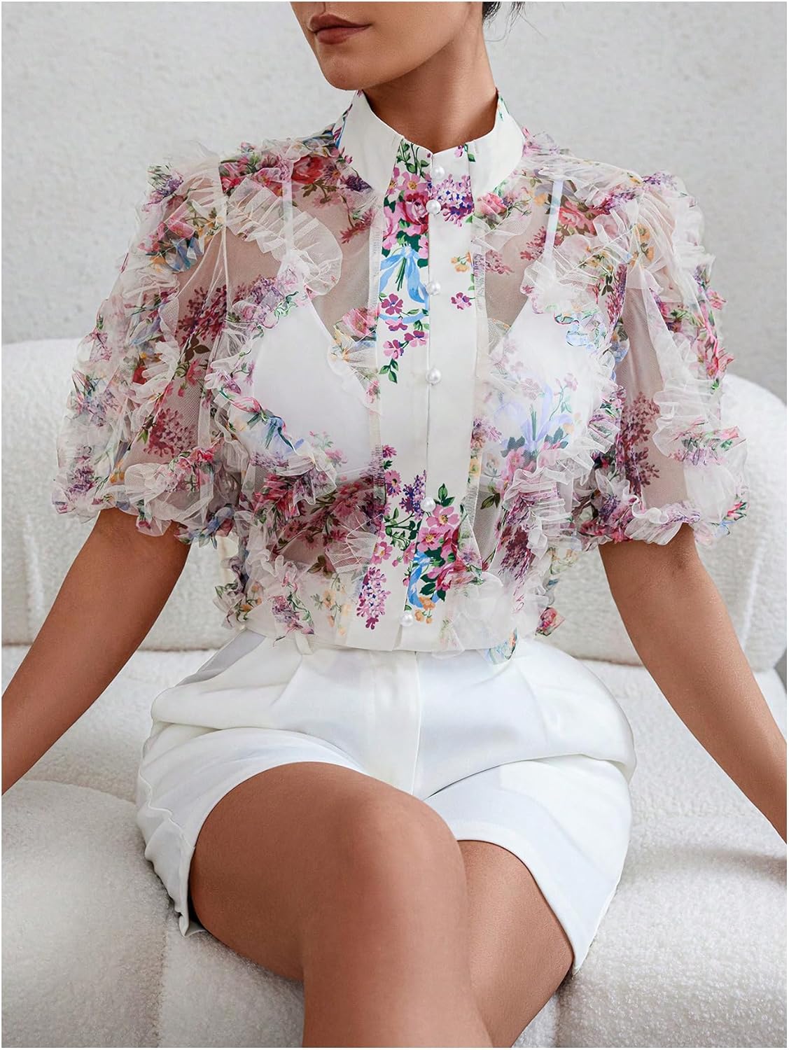 OYOANGLE Women's Floral Print Mesh Sheer Pearl Button Down Blouse Mock Neck Puff Short Sleeve Ruffle Trim Shirt - Image 3