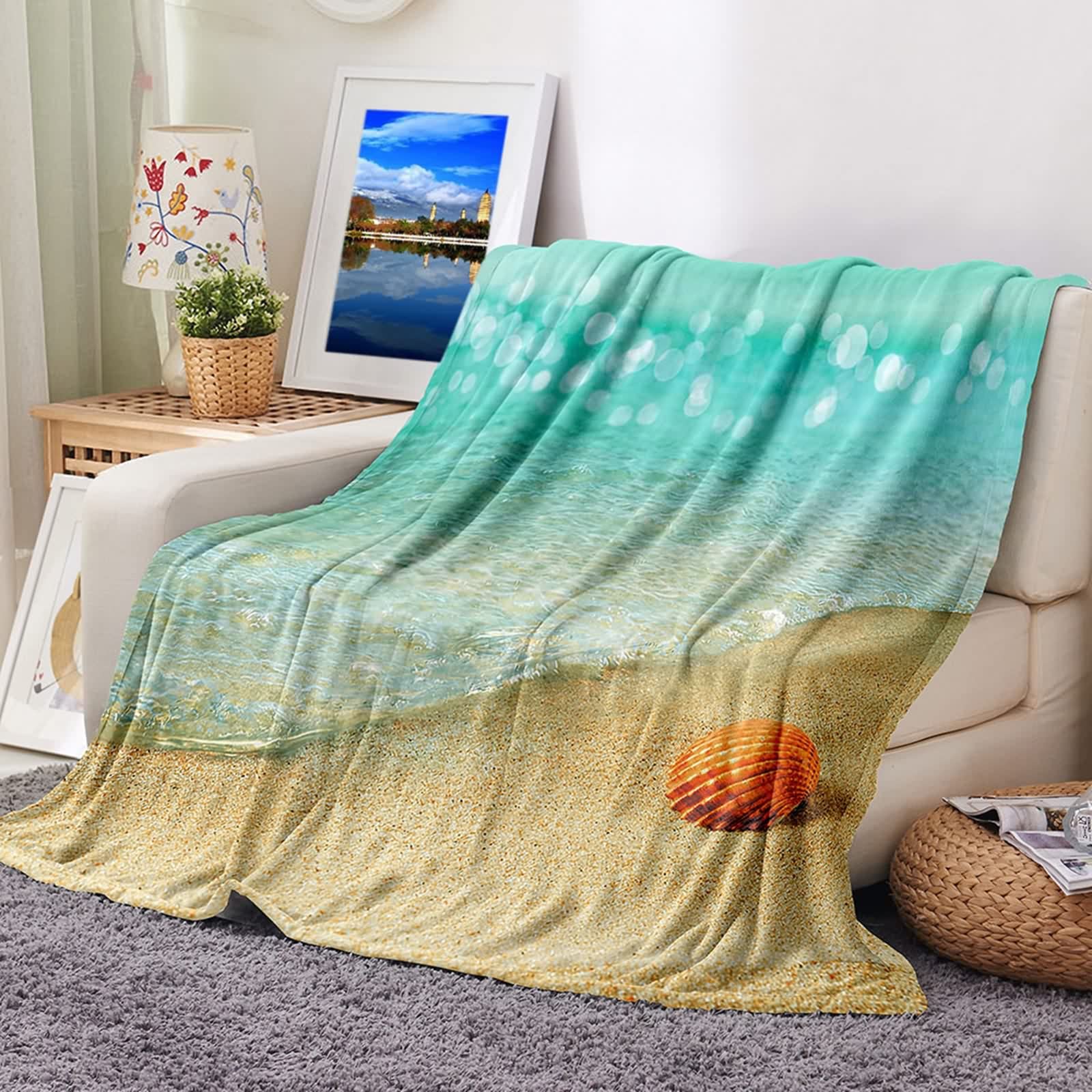 Plaid couverture polaire flannel KnSam moelleuse motif coquillage 100x150