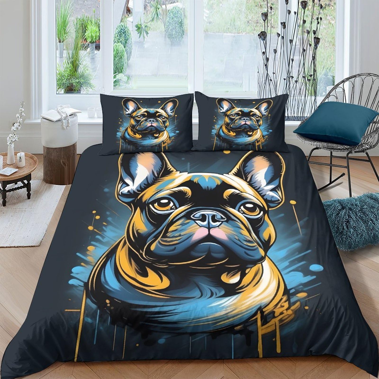Ctjqhvkz Style-9 3D Printed French Bulldog Fitted Sheet Microfiber Soft Artistic Dog Bed Cover For Bedroom Dorm Mattress Decor Single（135X200cm）