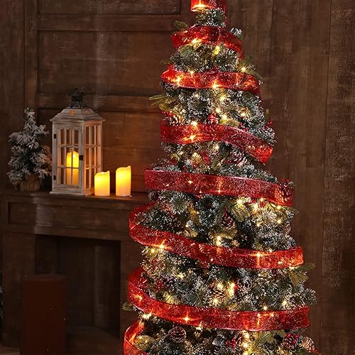 Miniatura 4 de WILLBOND 80 yardas, 2 rollos de cinta navideña con alambre de organza con purpurina para guirnalda de árbol de Navidad, cinta transparente en