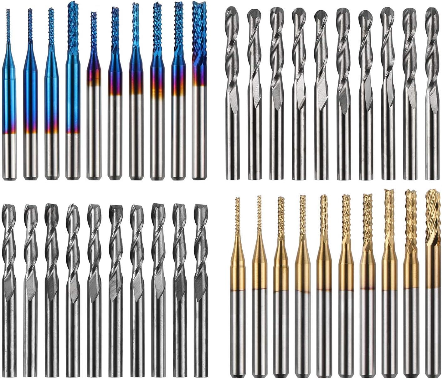 Genmitsu End Mill Set with a Total of 40 Cnc Router Bits,3.175mm (1/8in) Shaft, Cutter with 2 Grooves, Flat and Ball Head Mills