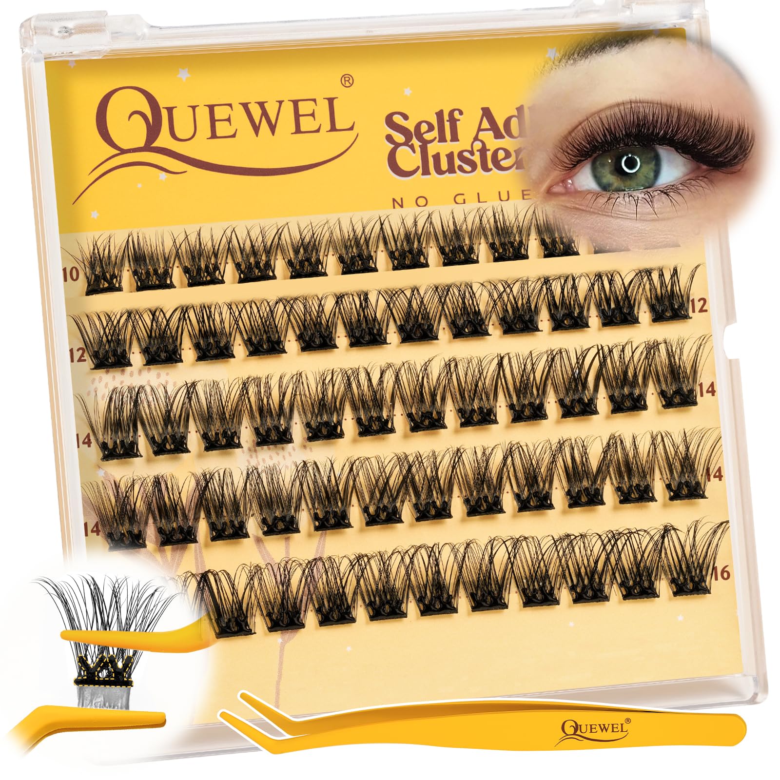 QUEWEL Self Adhesive Lash Clusters Kit Pre Glued Eyelashes Clusters 10-16MM Strong Hold Self Adhesive Eyelashes D Curl