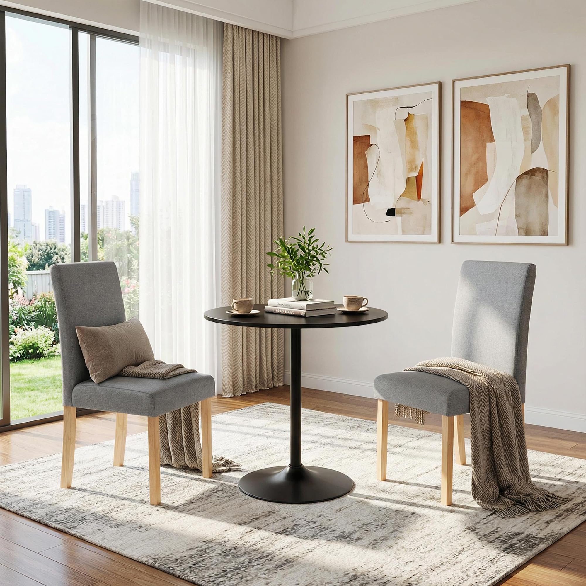 EGGREE Sedie da Pranzo Set di 2 Grigie Tessuto Lino Sedie Imbottite con Seduta e Schienale Spessi, Gambe in Legno di Gomma Resistenti, 43 × 46,5 × 92 cm, Design Moderno per Cucina e Sala da Pranzo