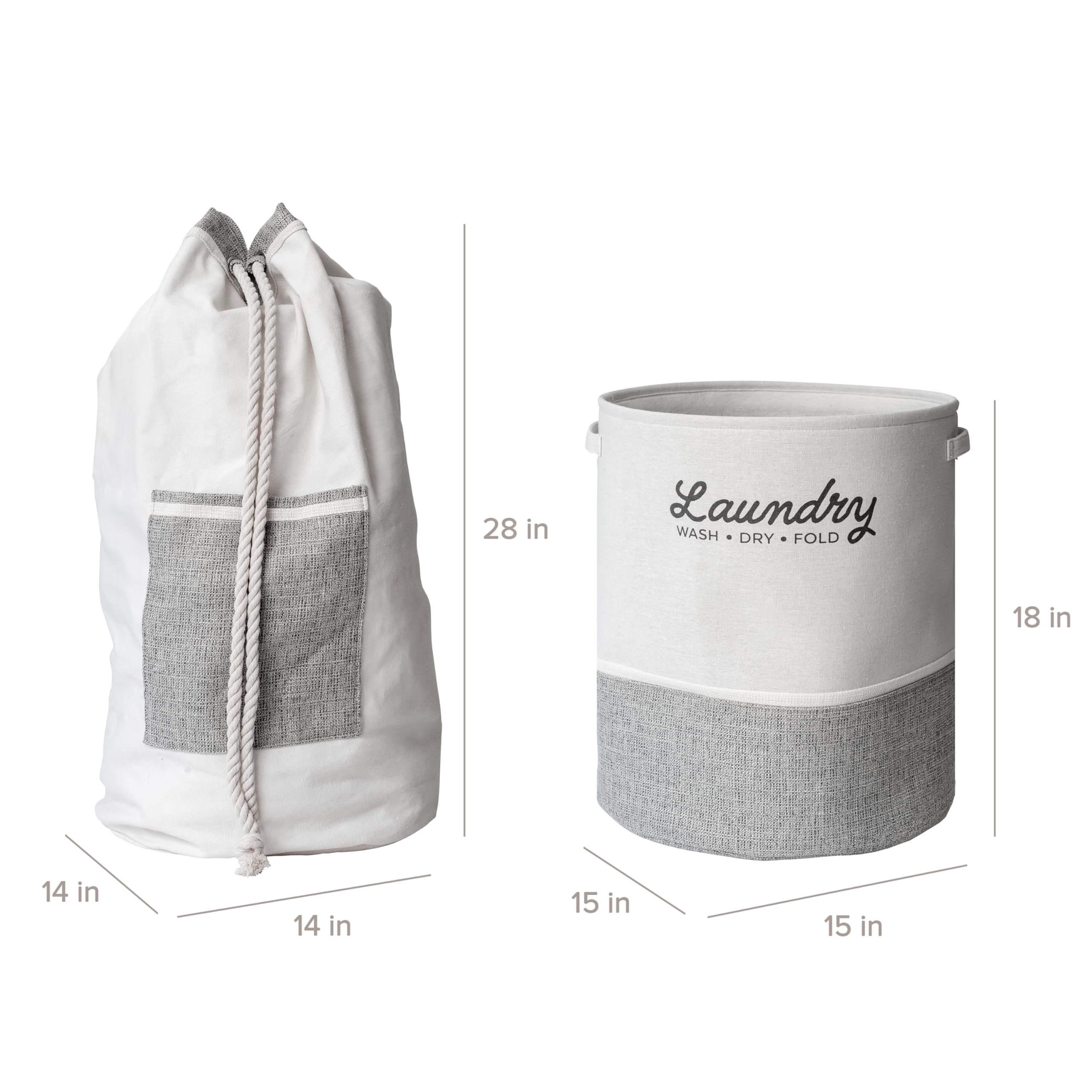 2-teiliges Wäschesack und Wäschekorb-Set mit leicht zu tragenden Griffen, robuster Canvas-Tasche und EVA-Korb, Natur und Creme mit hellgrauen und weißen Akzenten
