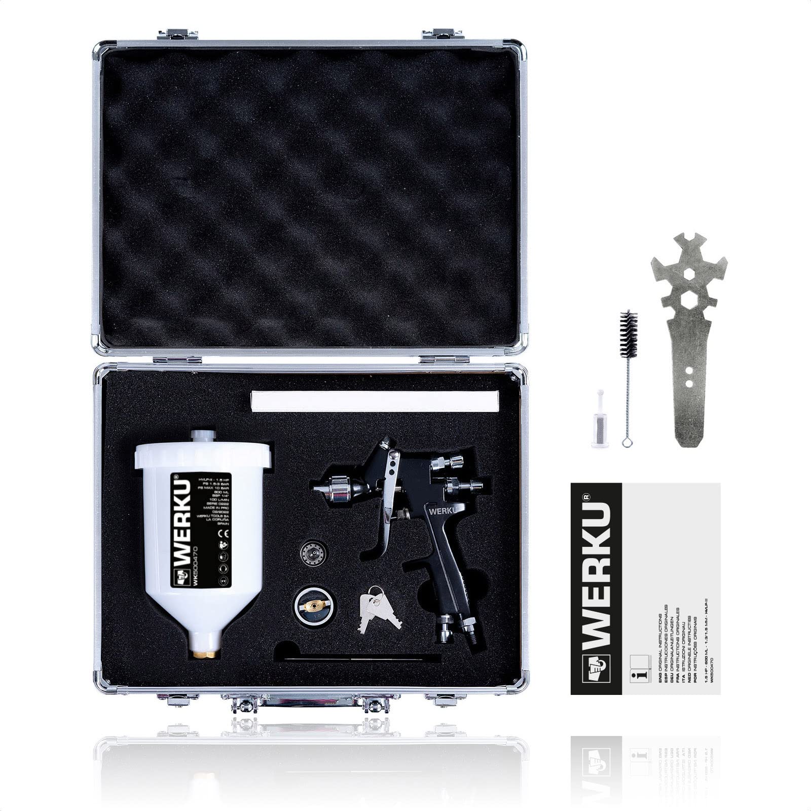 Werku WK500470, Pistola Pintar Gravedad Neumática, Calidad Profesional, Boquillas 1.3-1.5 mm, Depósito 600 ml, Sistema HVLP-III, Especial Barnices, Esmaltes, Viscosidades Bajas/Medias