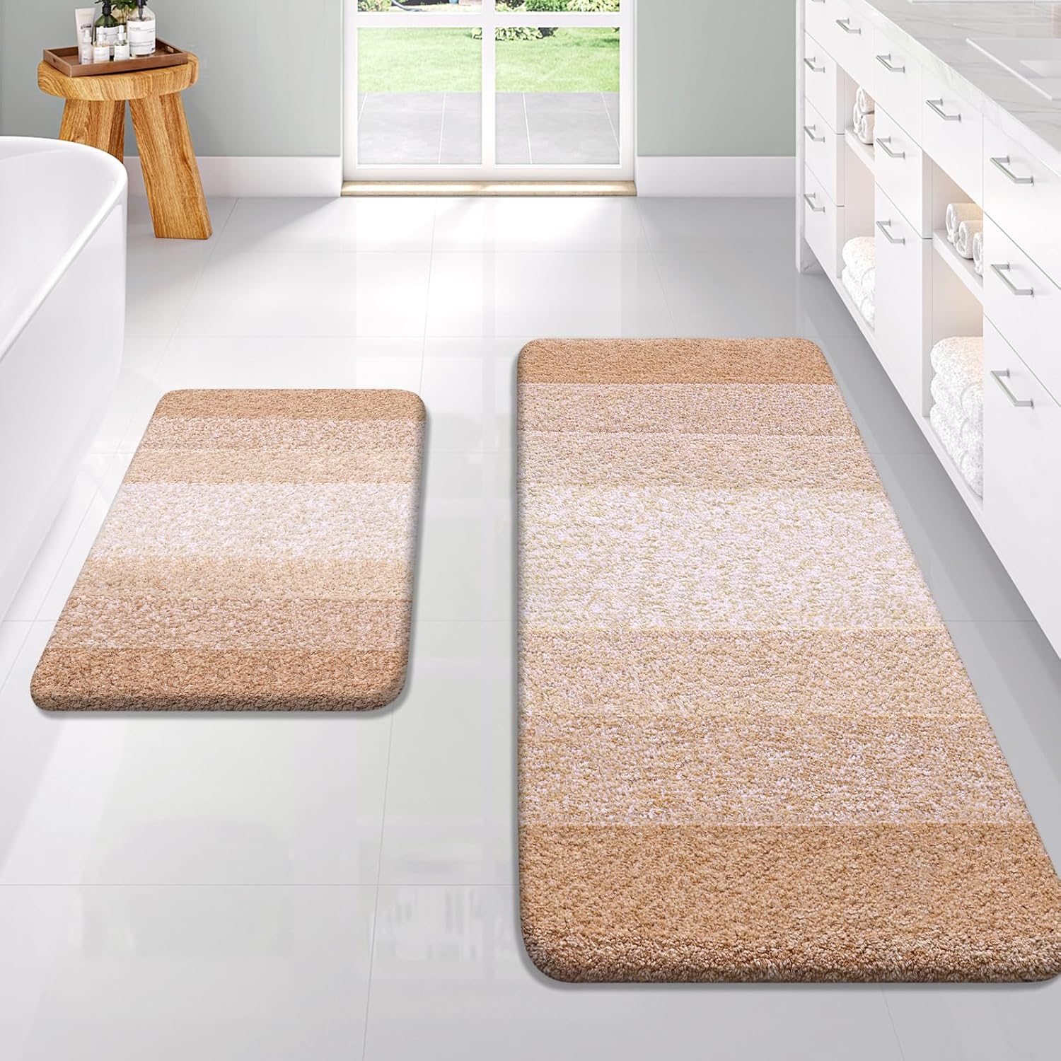 OLANLY Bathroom Rug Set 2 Piece, Soft Absorbent Microfiber Bath Rug Set, Non-Slip, Machine Wash Dry, Plush Shaggy Bath Mats for Bathroom (47"x20"+24"x16", Beige)