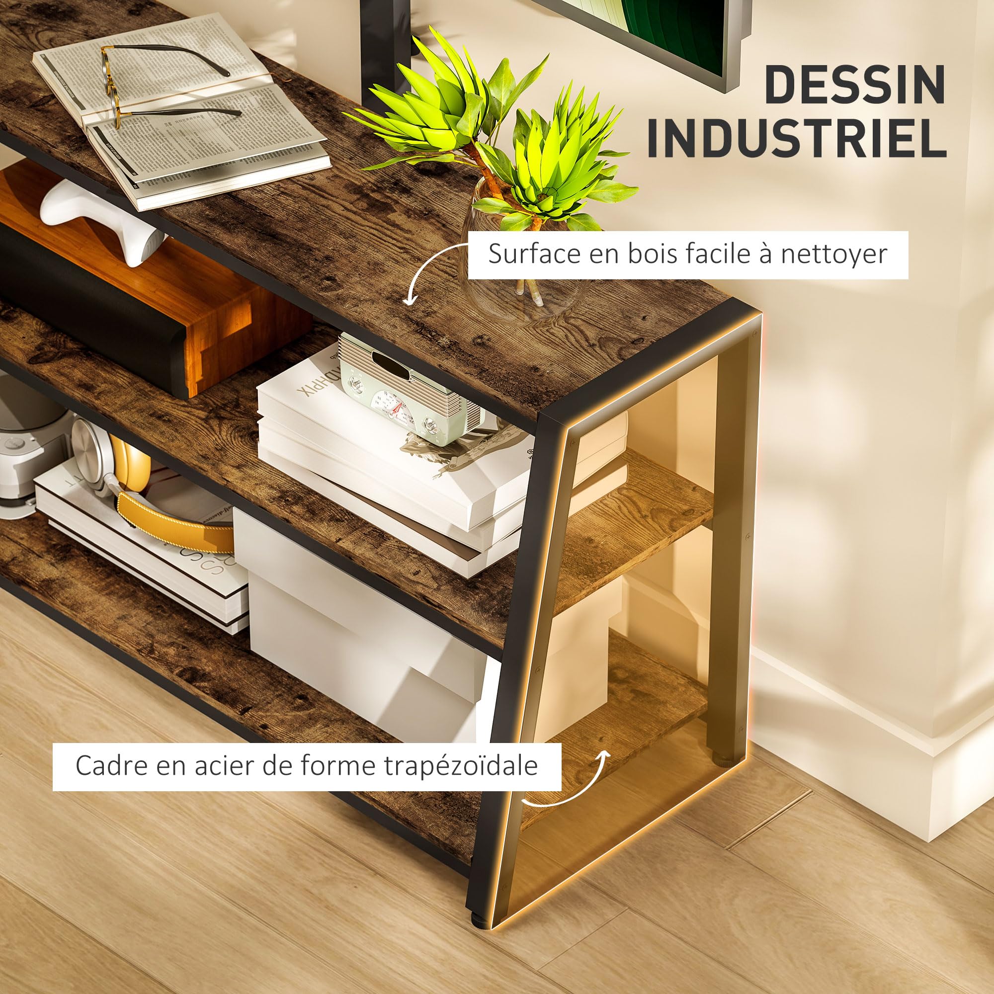 HOMCOM Meuble TV avec Support orientable 35°, Meuble télé pour téléviseurs de 32-70 Pouces, étagères Ouvertes, Banc TV Industriel pour Salon Chambre à Coucher, 108x41x135cm, Marron