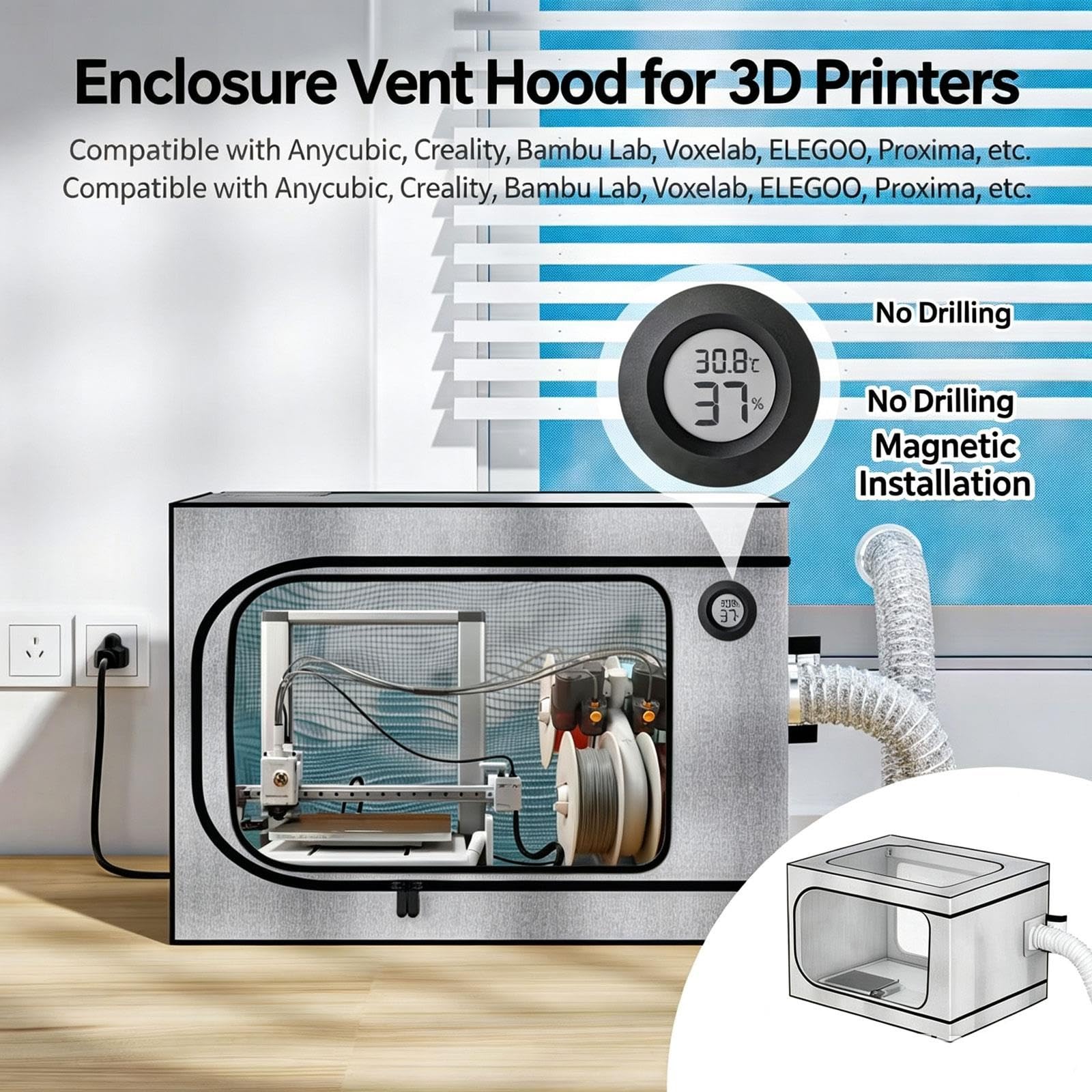 Custodia for Stampante 3D con Kit di Ventilazione, Luce LED, termoigrometro