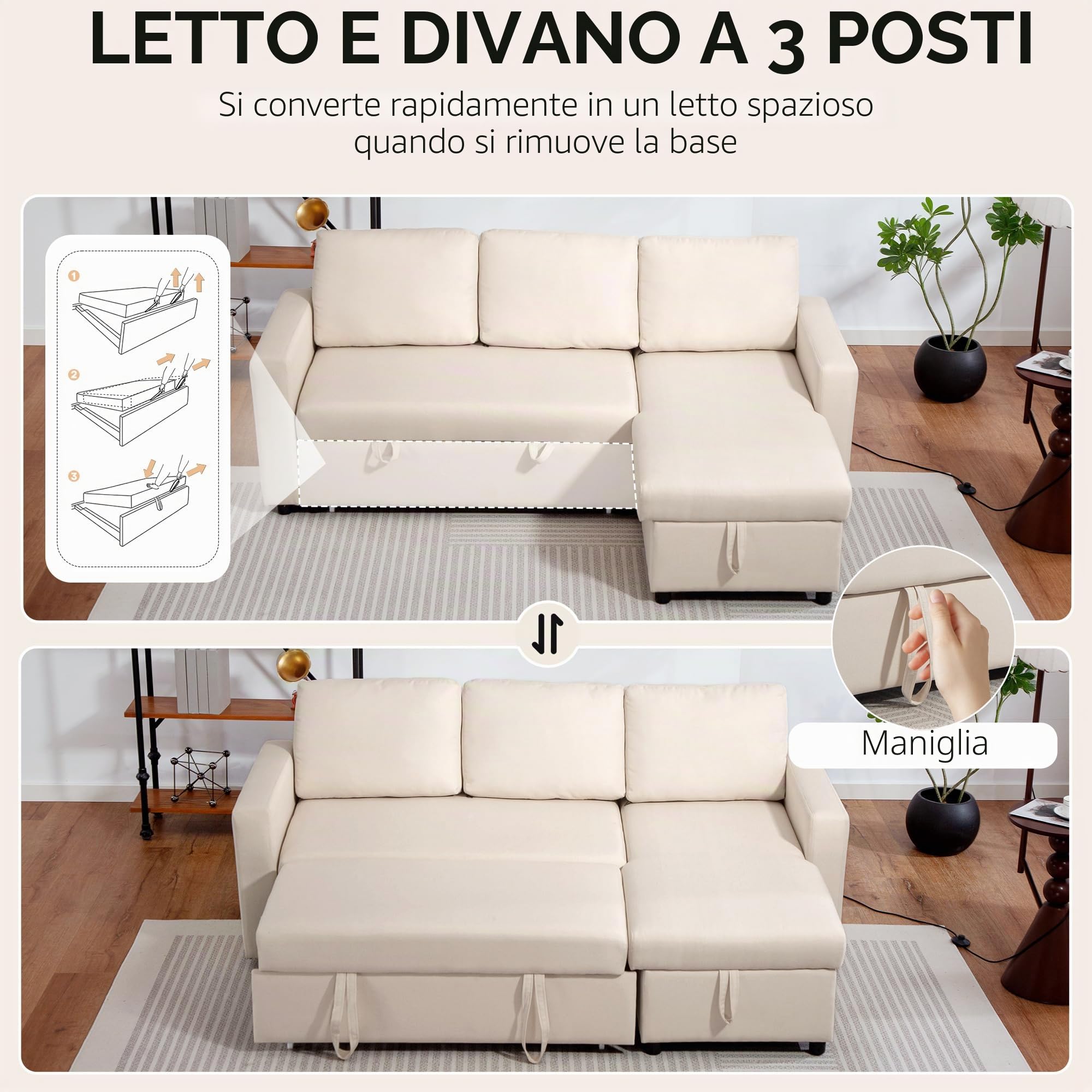 HOMCOM Divano ad angolo Convertibile divano letto 3 posti modulabile con chaise longue reversibile, contenitore integrato e 3 cuscini per lo schienale, tessuto effetto lino, color crema