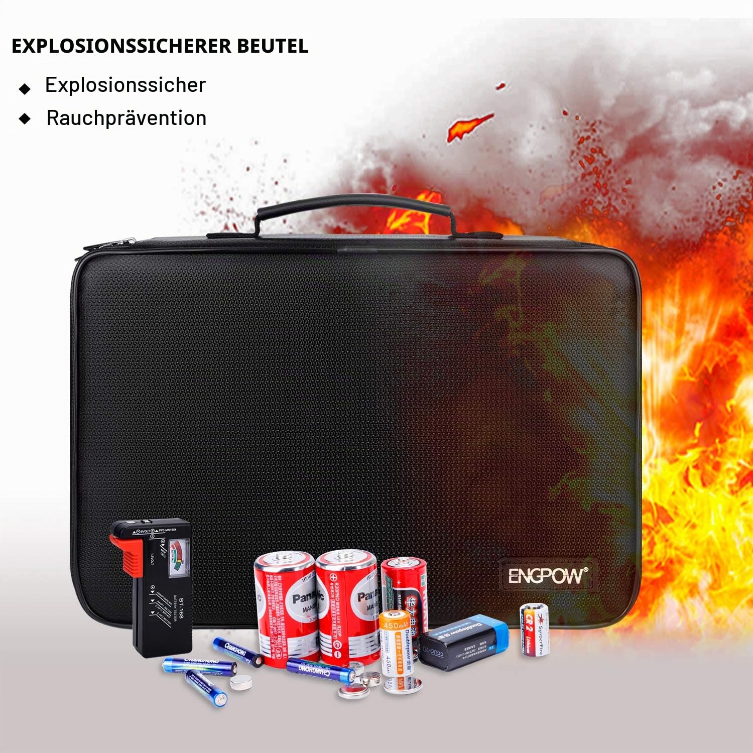 Batterieaufbewahrungsbox, feuerfeste Batteriebox mit Tester, hält 216 Batterien unterschiedlicher Größe, für AAA, 9V, C und D, Tester (ohne Batterien)