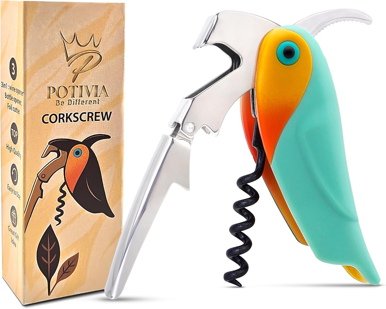 Wine Opener Waiter Corkscrew - Professional Wine Key for Servers & Bartenders with Foil Cutter - Manual Bottle Opener, Double Hinged Bird Shape 3-in-1 (Turquoise blue)