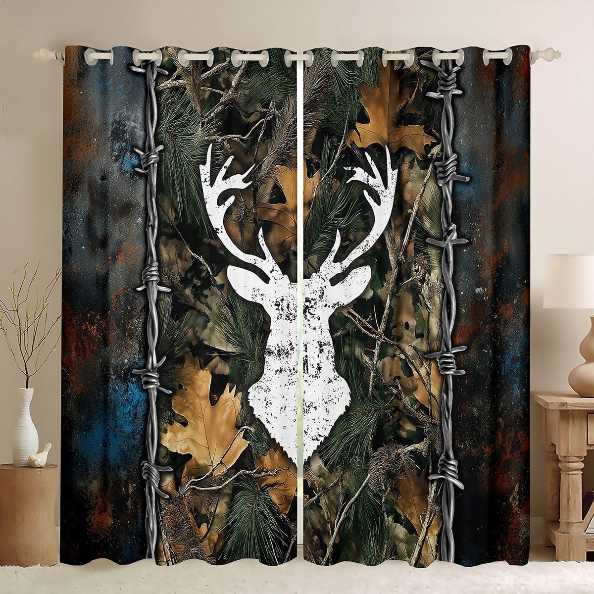 Feelyou Camo Deer Head Blackout Curtains Barbed Wire Hunting Darkening Drapes for Bedroom Living Room Decor Antler Camouflage Thermal Insulated Shades Window Treatments, 2 Panels 38 x 45 Inch