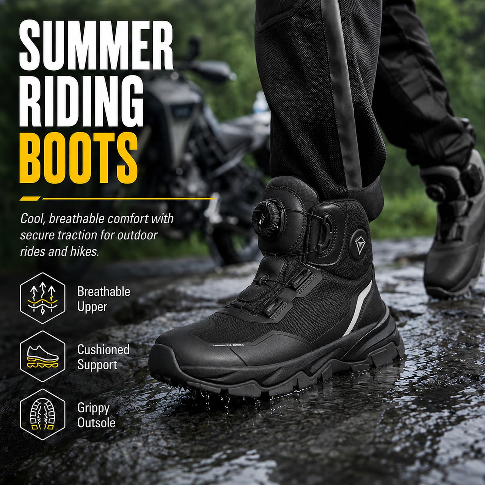 Scarpe Moto Uomo Estate Traspirante Protezione Caviglia TPU Stivali Moto | Suola antiscivolo, chiusura rotativa e supporto per la caviglia, ammortizzazione eva per guida su strada e città