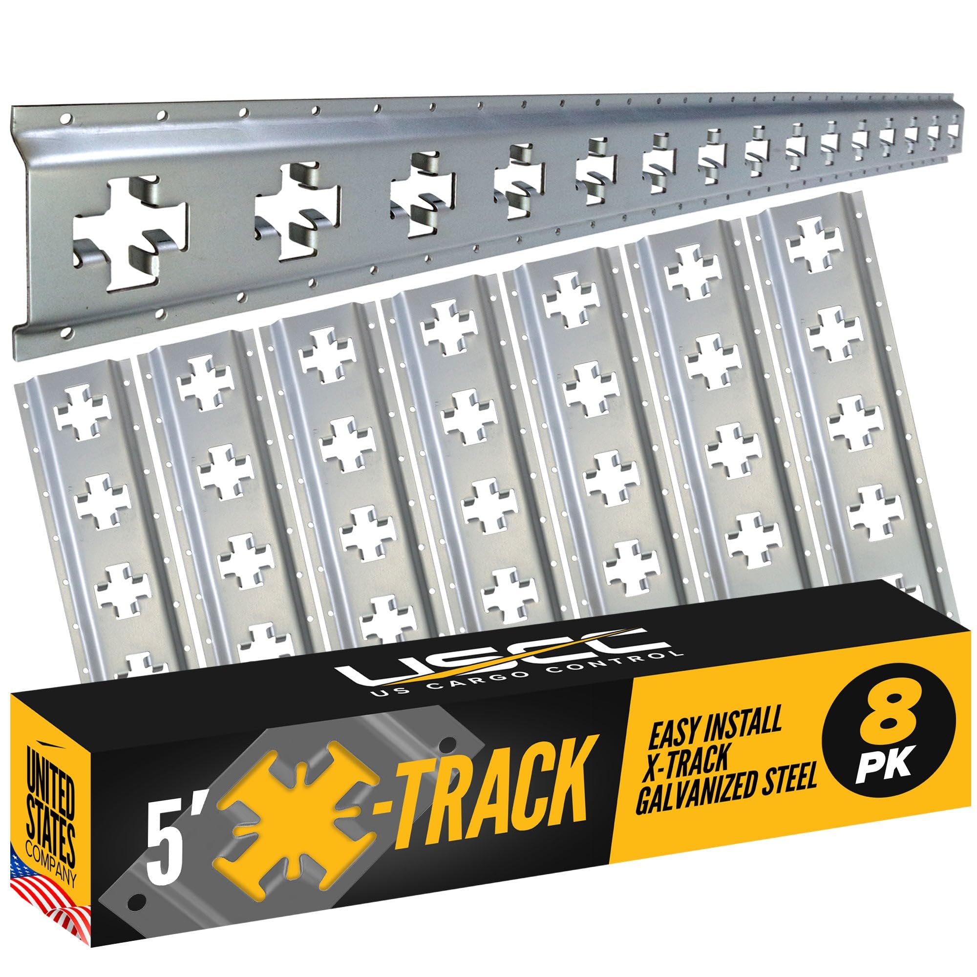 US Cargo Control X Track Rails (8-Pack), 5 FT Galvanized X-Track Rail for Trailers, Pickup Trucks, Garages, and Sheds - Use with E-Track Straps for Vertical and Horizontal Alignment