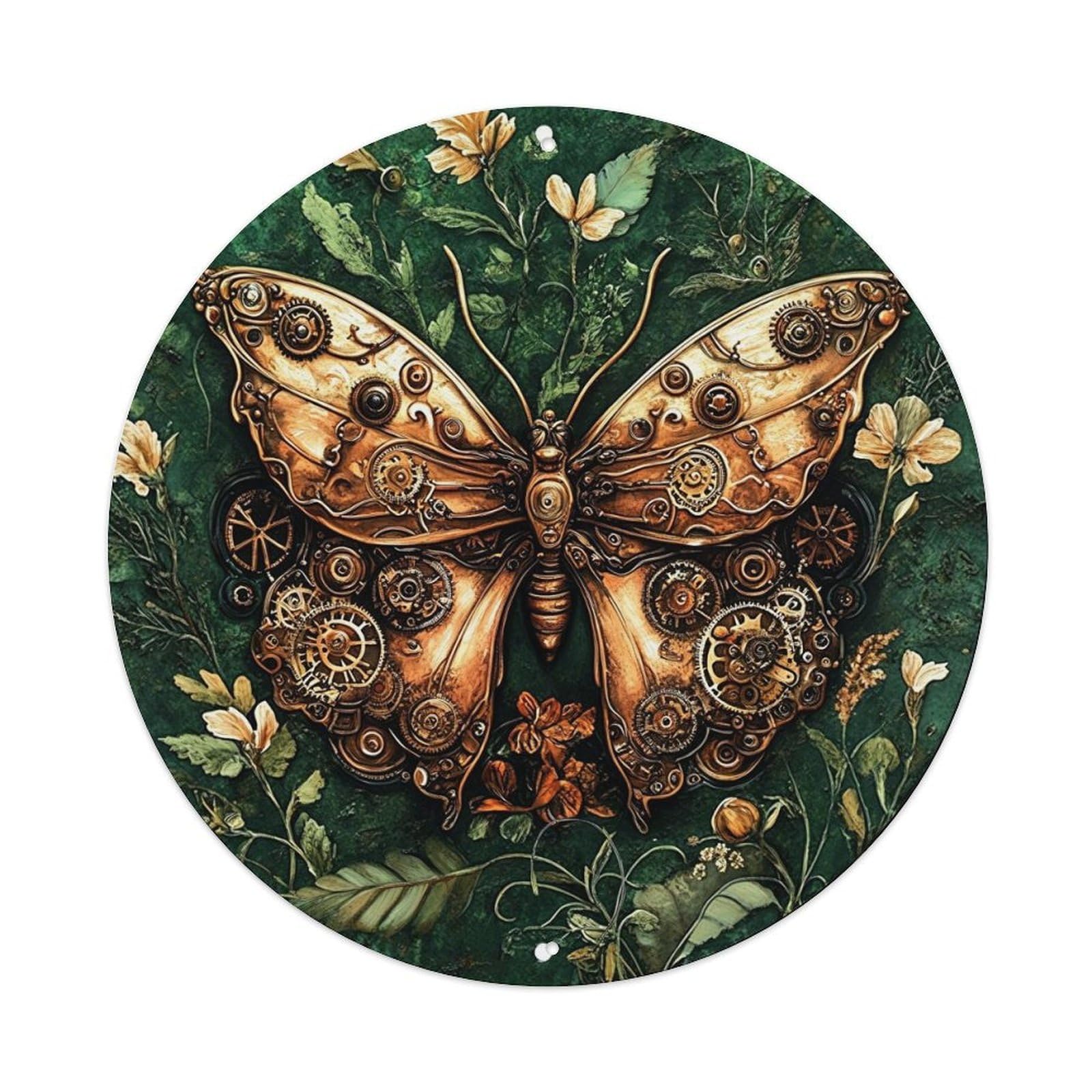 Steampunk Butterfly Mechanical Wings Floral Background Round Tin Sign Vintage Metal Sign Home Bar Garden Indoor & Outdoor Wall Decor Retro Metal Poster 8x8 Inch