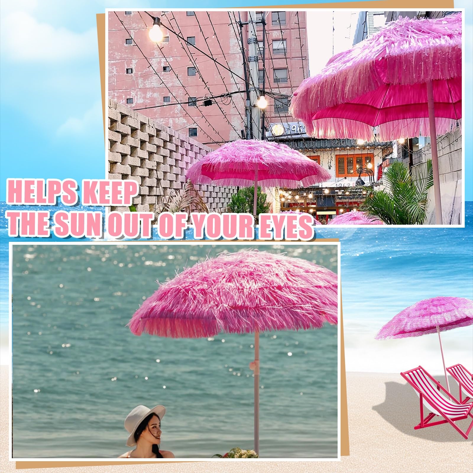 Parasol pour Balcon 200cm -UPF 50+ Parasol Plage Anti Vent avec Fonction D'inclinaison Parasol Exotique Paille pour Le Plaisir en Plein Air, Réglable en Hauteur