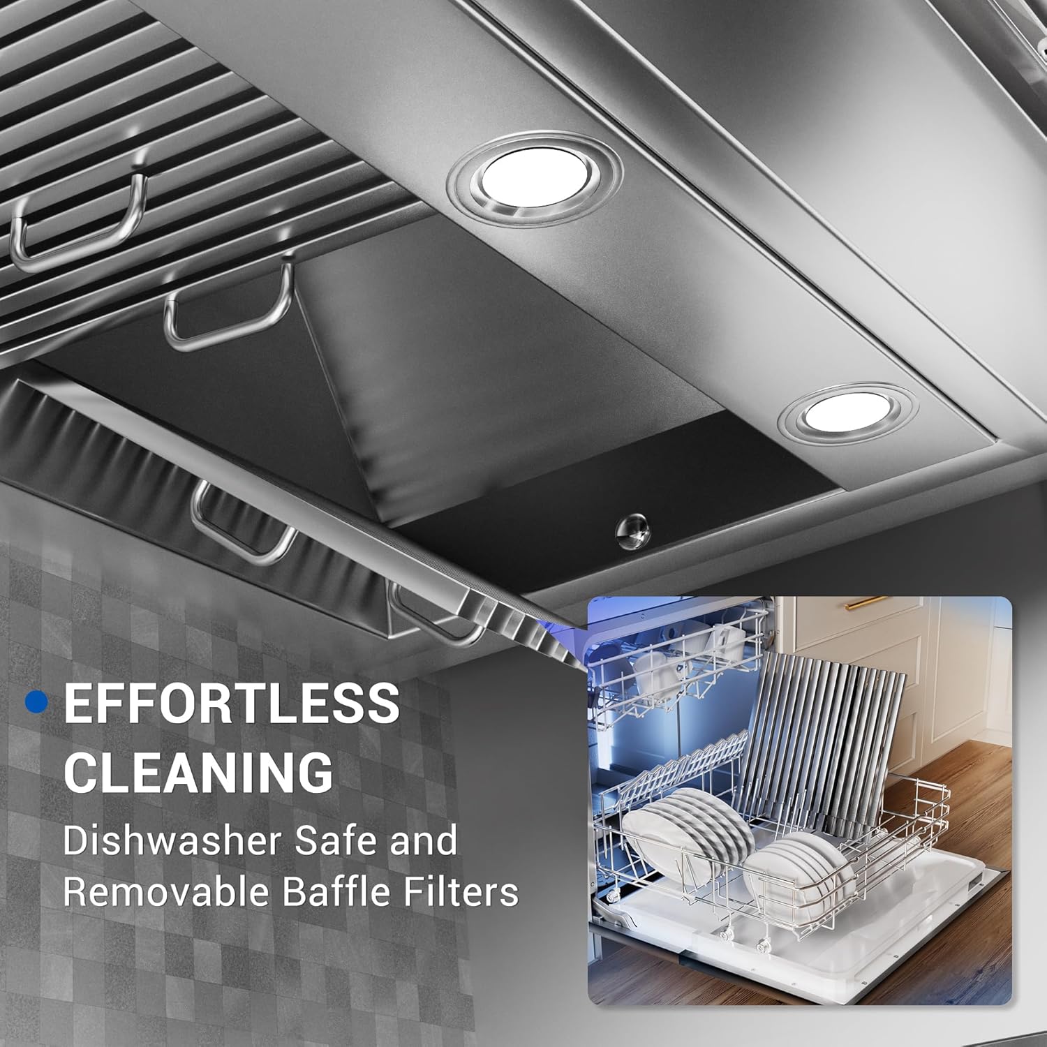 48-inch Range Hood Insert with Inline Remote Blower, CT Copper Tailor 1260CFM Kitchen Vent Hood, 4-Speed Exhaust Fan, 4 LED Lights, 8" Round Ducted,Baffle Filters, in Stainless Steel