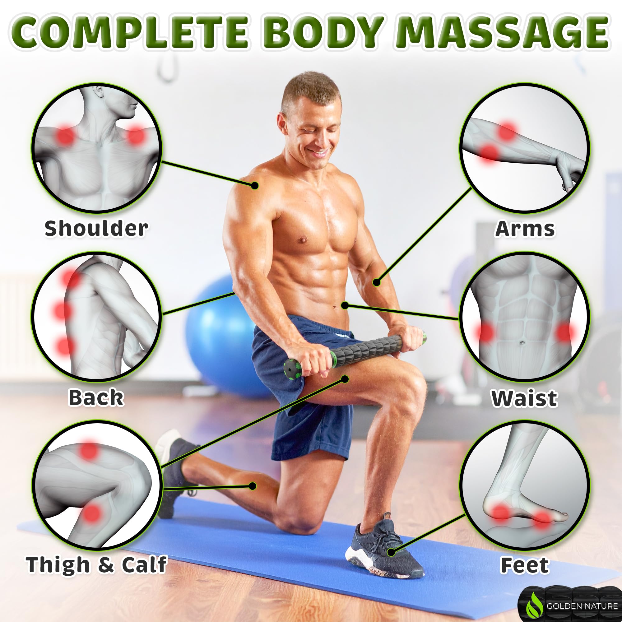 Muscle Roller Stick - Lymphatic Drainage Massager with 9 Rollers - Handheld Deep Tissue & Trigger Point Tool for Pain Relief and Cellulite Reduction - for Legs, Shoulders & Body - by Golden Nature