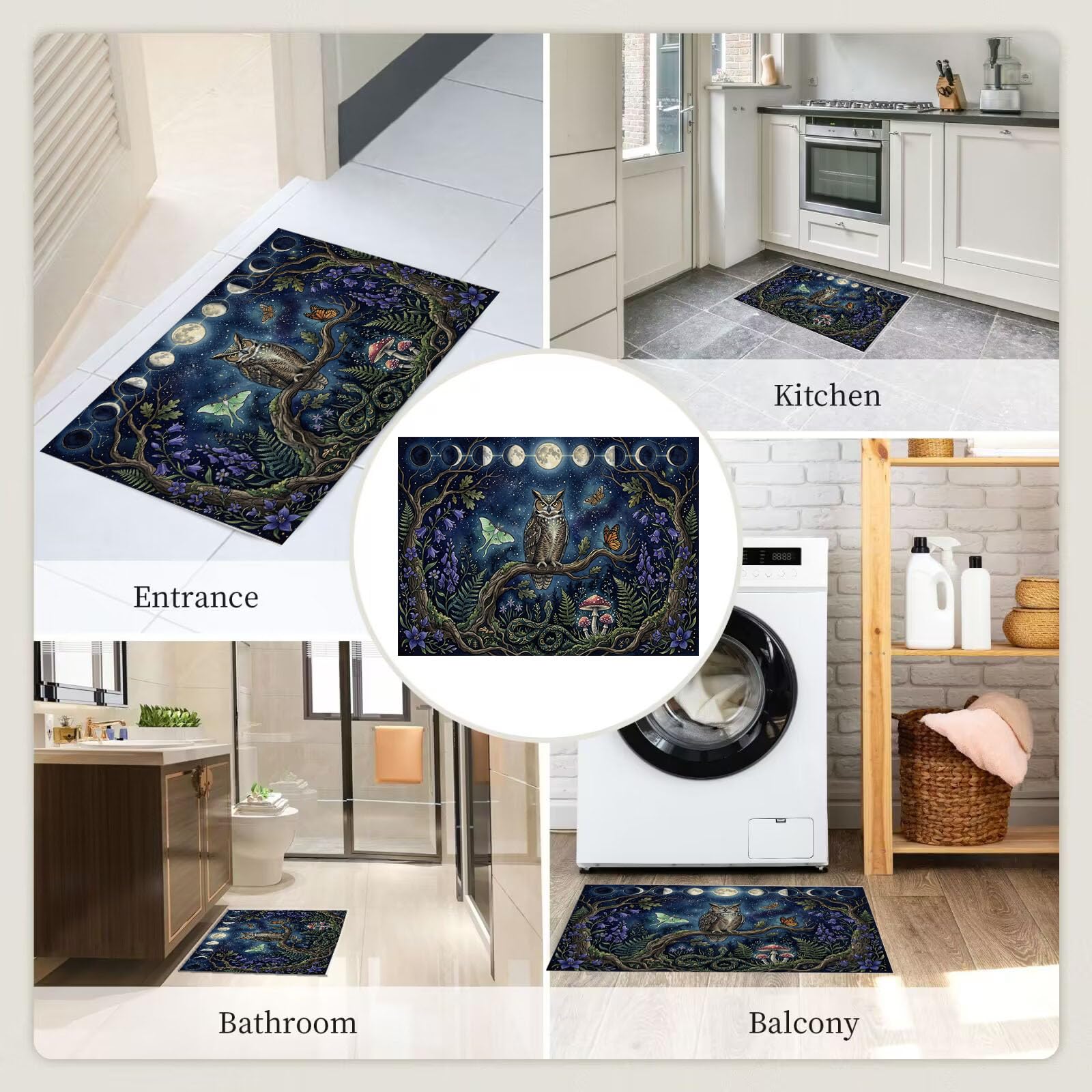 60X90Cm Zerbino Ingresso Interno Antiscivolo Assorbente, Tappeto Microfibra Sottile Lavabile Con Fasi Lunari Misteriose Cielo Stellato Gufo Foresta Incantata Per Cucina Bagno Porta Animali, Blu Navy
