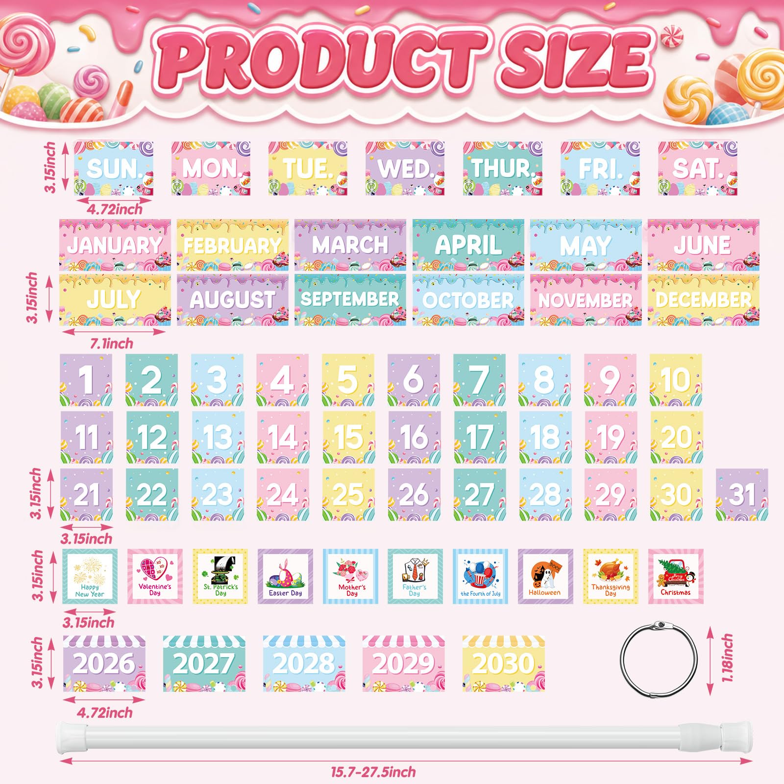 MotiMind 65-teiliges 2026 Candy Flip-Kalender, Pinnwand-Set, Flip-Kalender mit verstellbarem Halter, buntes Klassenzimmer-Dekor, inklusive 65 Datums-Karten für den Schulanfang, Heimdekor-Zubehör