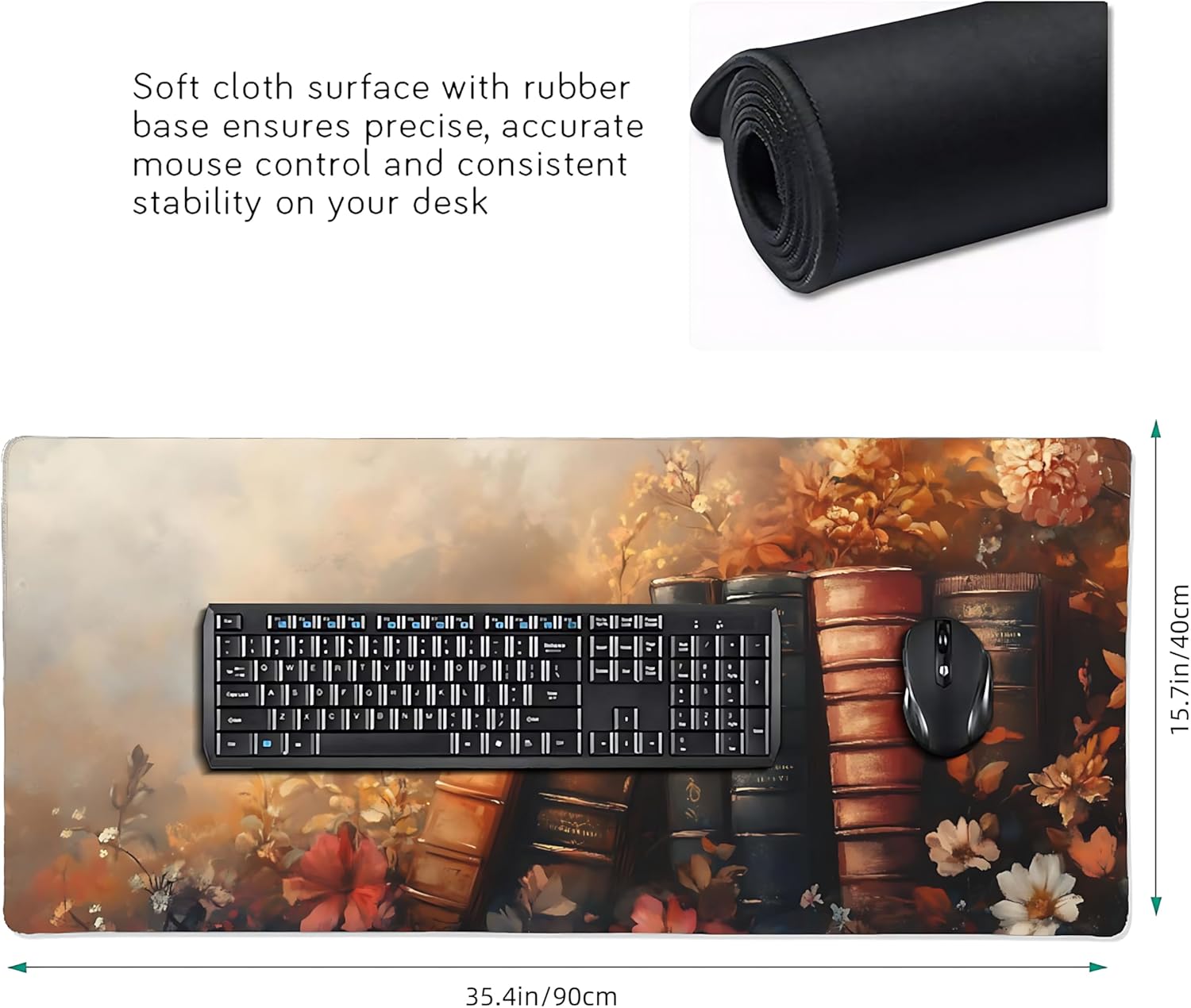 Floral Aesthetic Book Gaming Mouse Pad, Earth Tone Dark Romanticism Desk Mat with Anti-Slip Base & Stitched Edges, Office Supplies & Desk Decor for Women, 35.4" x 15.7" in Home Office Essentials
