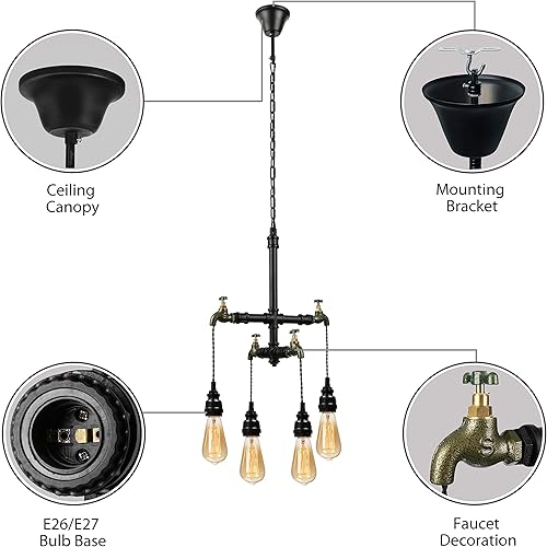 Miniatura 5 de NIUYAO 4-Luz Antiguo Industrial Grifo de Hierro Forjado Colgante Lámpara Iluminación Vintage Steampunk Tubo de Agua en Forma Retro Loft Lámpara
