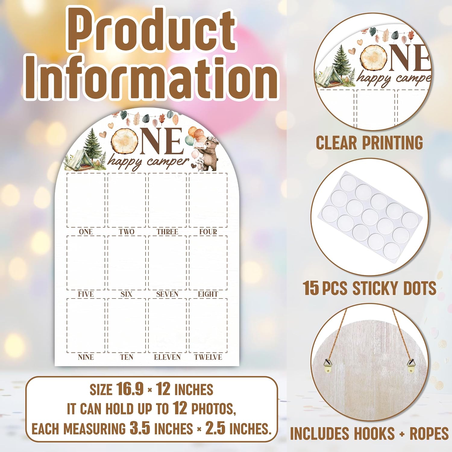 Woodland My First Year Photo Board, One Happy Camper Birthday Decoration Photo Frame, 12 Monthly Baby Milestone Sign, Forest Nursery Decor for Boy Girl, Gender Neutral Baby Keepsake Gifts-A05