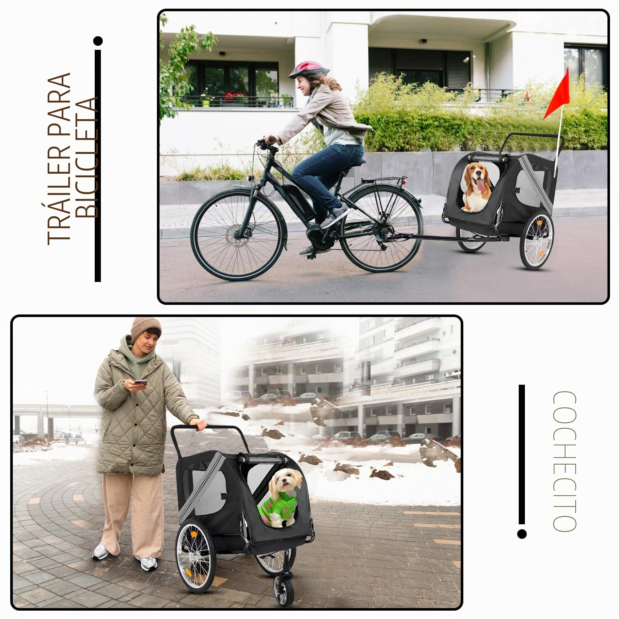Remolque para Perros 2 en 1 – Carrito y Remolque Plegable para Bicicleta – hasta 35 kg – con cinturón de Seguridad, reflectores y Buena ventilación – Gris Oscuro