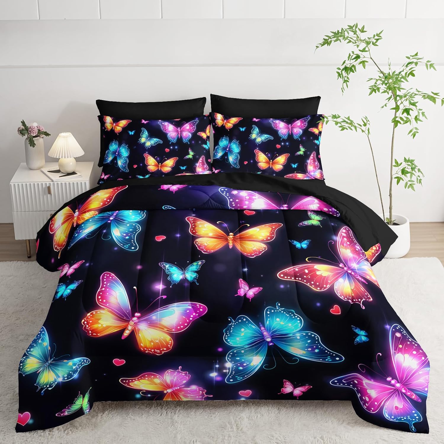 Colorful Gradient Butterfly Comforter 7Pcs Tie-Dye Heart Print Bedding Set for Kid Teen Girl Boy Adult Sparkling Aesthetics Quilt Bed Set Twin with 2 Sheets,2 Pillowcases,2 Throw Pillow Covers