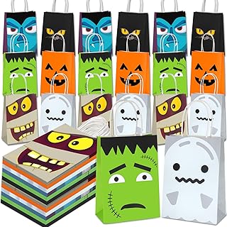 102 Pcs Halloween Treat Bags Party Favors Kids Halloween Candy Bags for Trick or Treating Halloween Tote Bags with Handles Halloween Goodie Paper Gift Bags for Treats Snacks Party Supplies