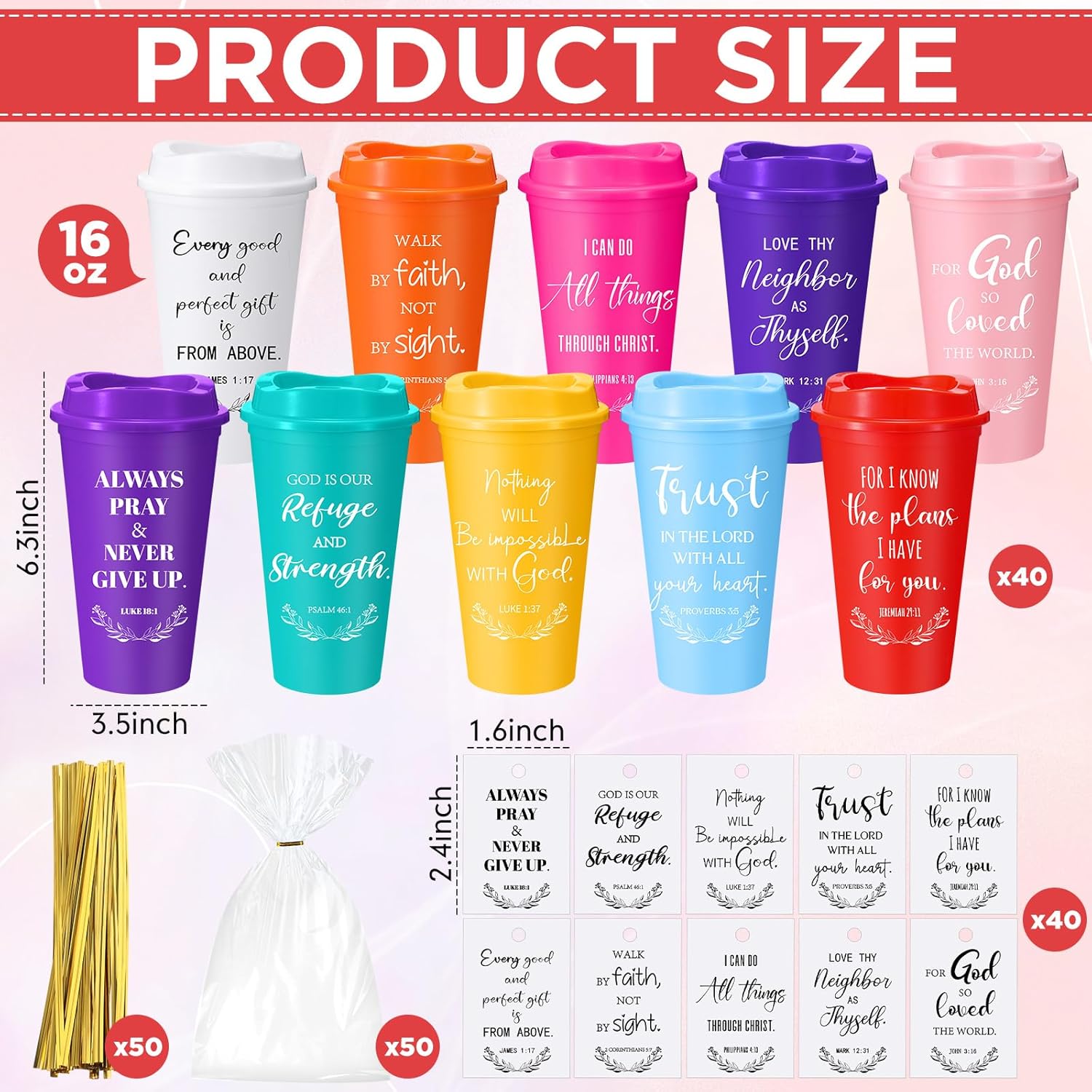 LemonRoad 40 Sets Christian Gifts Bulk 16oz Reusable Bible Verse Coffee Cups with Lids Cards and Gift Bags Inspirational Religious Gifts for Church Party (Bright Color) - Image 2